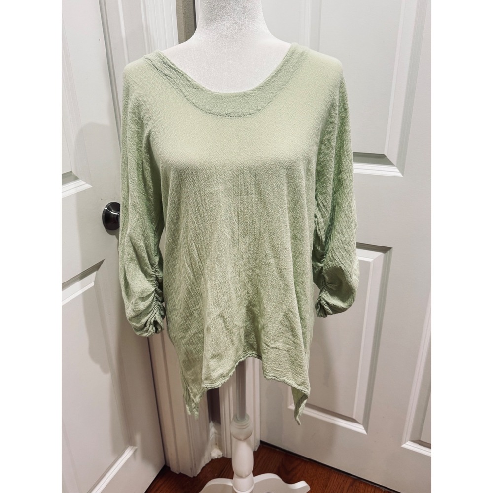 Oh My Gauze! Womens Green Cotton Tunic Top Ruched Sleeve Sharkbite Hem DD US M/L